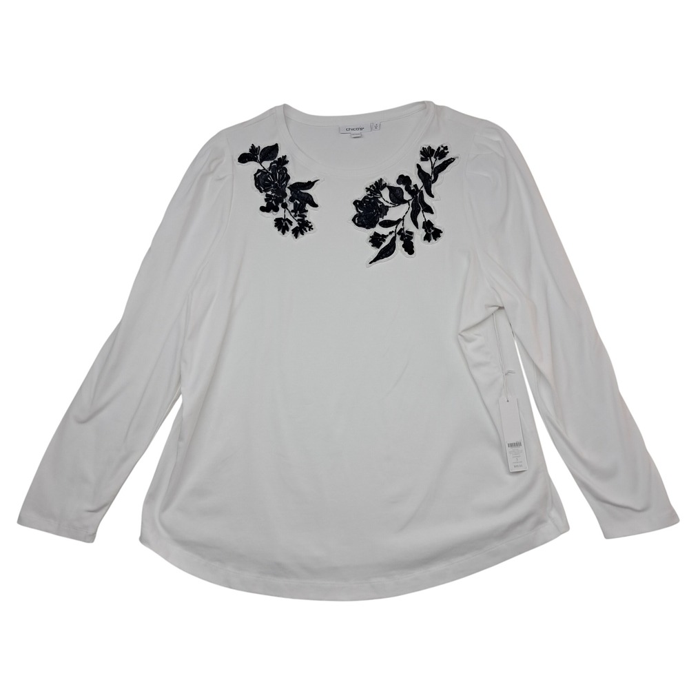 NWT Chico's Top Women's 3 XL White Black Beaded Floral Embroidered